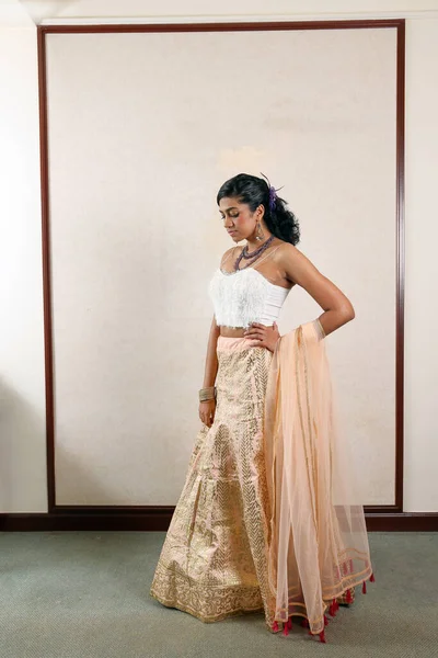 美しい若いです女性身に着けている現代インドのLehenga Hgagra足首の長さスカートドレスポージングホームレトロヴィンテージ — ストック写真