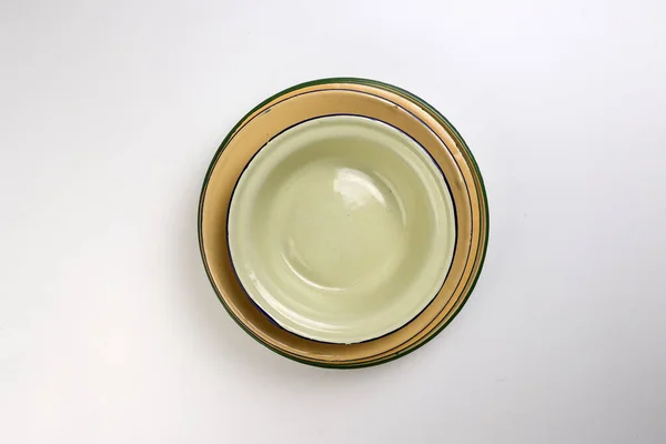 Enamel Tin Metal Food Plate Pot Bowl Retro Vintage Tableware — Stock Photo, Image