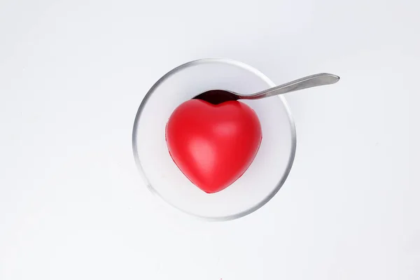 Transparent Glass Bowl Spoon Three Dimension Red Hart Shape Symbol — Stock Photo, Image
