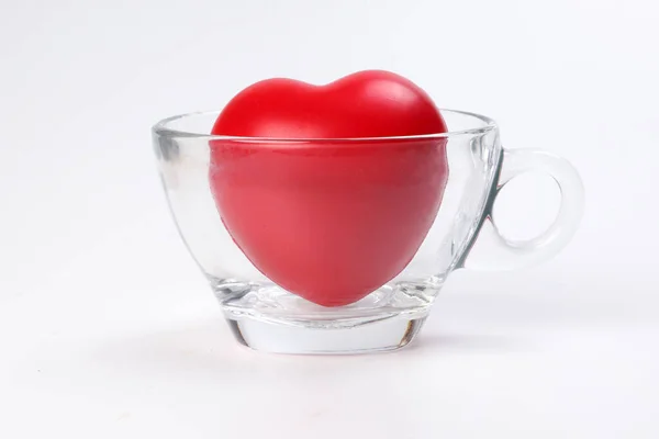 Transparent Glass Coffee Tea Cup Saucer Three Dimension Red Hart — Stock Photo, Image