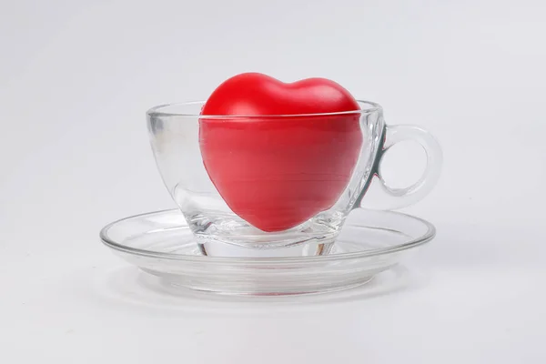 Platillo Taza Café Vidrio Transparente Con Tres Dimensiones Hart Rojo —  Fotos de Stock