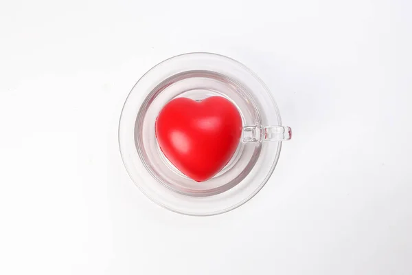 Transparent Glass Coffee Tea Cup Saucer Three Dimension Red Hart Stock Photo