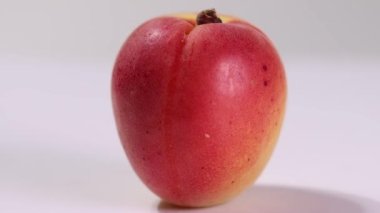 Fresh ripe juicy yellow orange red apricot fruit pile whole cut half slice seed on rustic wood background flat lay top view pan move shift 