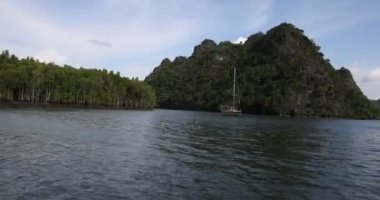 Camara shake hating wave riding gliding floating flying over sea water mangrove forest on speedboat 