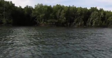 Camara shake hating wave riding gliding floating flying over sea water mangrove forest on speedboat 