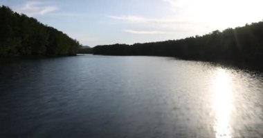 Camara shake hating wave riding gliding floating flying over sea water mangrove forest on speedboat 