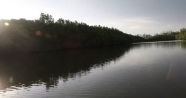 Camara shake hating wave riding gliding floating flying over sea water mangrove forest on speedboat 
