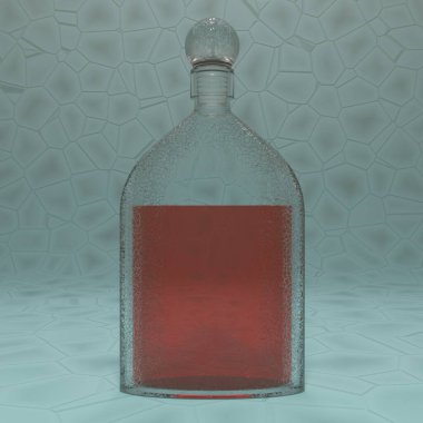 Hafif arka planda cam bir şişedeki parfüm, 3 boyutlu.