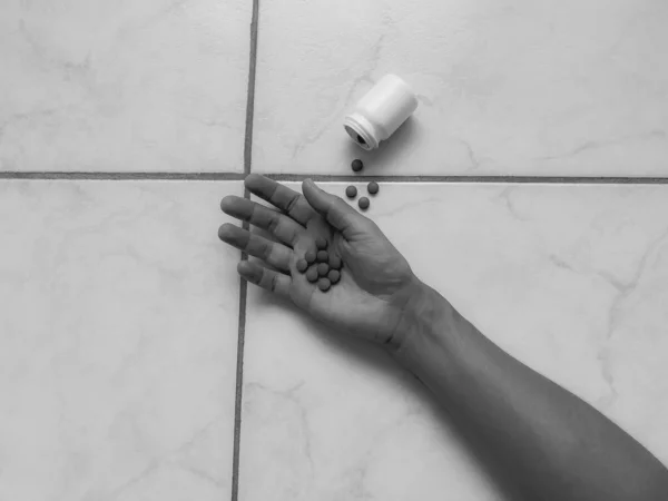 Floor Lies Girl Her Hand Pills Next Bottle Pills Suicide — Stock Photo, Image