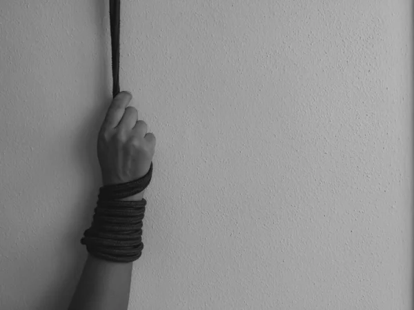 Woman Hand Tied Rope Suspended Black White Photo Selective Focus — Fotografia de Stock