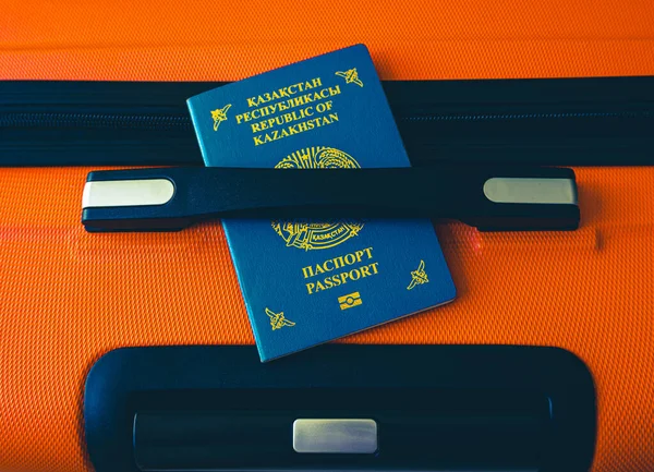 Passport Kazakhstan Lies Orange Suitcase Passport Republic Kazakhstan Soft Focus — Stock Photo, Image