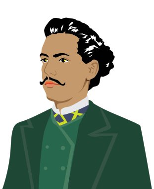 Castro Alves 'in Vectorial Karikatürü. Brezilyalı yazar, şair, 19. yüzyıldan.