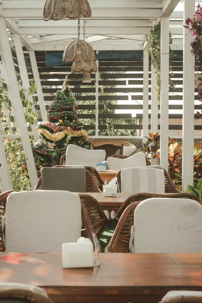 Bir sandalye ve odanın içindeki noel ağacı.