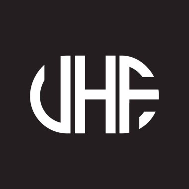 Siyah arkaplanda UHF harf logosu tasarımı. UHF yaratıcı harflerin baş harfleri logo kavramı. UHF harf tasarımı.