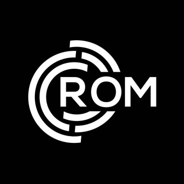ROM harfi logo tasarımı. ROM monogram harflerinin baş harfleri logo konsepti. ROM harf tasarımı siyah arkaplan.