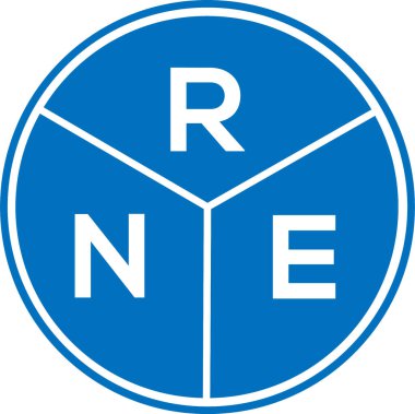 Beyaz arka planda RNE harf logosu tasarımı. RNE yaratıcı daire harfi logosu. RNE harf tasarımı.