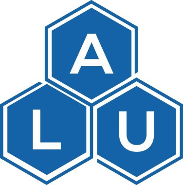 Beyaz arka planda ALU harf logosu tasarımı. ALU yaratıcı harflerin baş harfleri logo kavramı. ALU harf tasarımı.