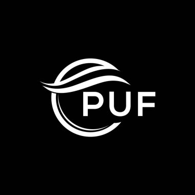 Siyah arka planda PUF harf logosu tasarımı. PUF yaratıcı daire logosu. PUF harflerinin baş harfleri logo konsepti. PUF harf tasarımı.