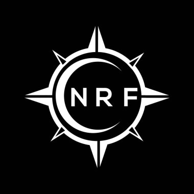 Siyah arkaplanda NRF soyut monogram kalkan logosu tasarımı. NRF yaratıcı harflerin baş harfleri logosu.