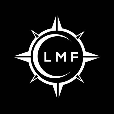 LMF soyut monogram kalkan logosu tasarımı siyah arkaplanda. LMF yaratıcı harflerin baş harfleri logo.