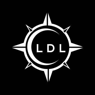 LDL soyut teknoloji çemberi logo tasarımını siyah arkaplan üzerine kuruyor. LDL yaratıcı harf logosu.