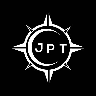 JPT soyut teknoloji çemberi logo tasarımını siyah arka plana ayarlıyor. JPT yaratıcı harflerin baş harfleri logosu.