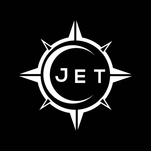 JET soyut teknoloji çemberi logo tasarımını siyah arkaplan üzerine kuruyor. JET yaratıcı harfler harfi logosu.