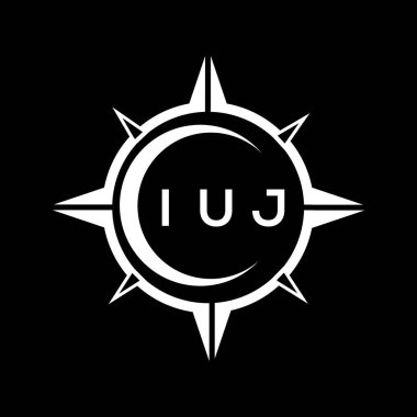 IUJ soyut teknoloji çemberi logo tasarımını siyah arkaplan üzerine kuruyor. IUJ yaratıcı harflerin baş harfleri logo.