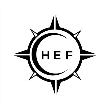 HEF soyut teknoloji çemberi logo tasarımını beyaz arka plana ayarlıyor. HEF yaratıcı harflerin baş harfleri logosu.