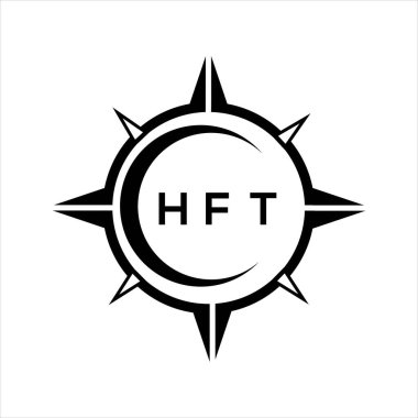 HFT soyut teknoloji çemberi logo tasarımını beyaz arka plana ayarlıyor. HFT yaratıcı harfler harfi logosu.