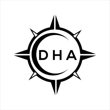 DHA soyut teknoloji çemberi logo tasarımını beyaz arka plana ayarlıyor. DHA yaratıcı harf logosu.