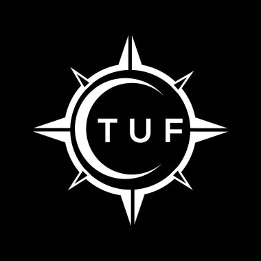 Siyah arka planda TUF soyut teknoloji logosu tasarımı. TUF yaratıcı harf logosu kavramı.
