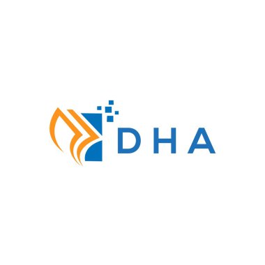 Beyaz arka planda DHA kredi onarım logosu tasarımı. DHA yaratıcı harflerin baş harfleri grafiksel logo konsepti. DHA işletme finans logosu tasarımı.