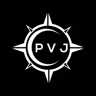 PVJ soyut teknoloji çemberi logo tasarımını siyah arkaplan üzerine kuruyor. PVJ yaratıcı harf logosu kavramı.