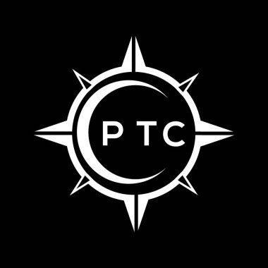 PTC soyut teknoloji çemberi siyah arkaplan üzerine logo tasarımı ayarlıyor. PTC yaratıcı harf logosu kavramı.