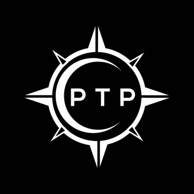 PTP soyut teknoloji çemberi logo tasarımını siyah arkaplan üzerine kuruyor. PTP yaratıcı harf logosu kavramı.
