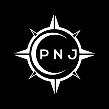 PNJ soyut teknoloji çemberi logo tasarımını siyah arkaplan üzerine kuruyor. PNJ yaratıcı harf logosu kavramı.