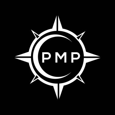 PMP soyut teknoloji çemberi logo tasarımını siyah arkaplan üzerine kuruyor. PMP yaratıcı harf logosu.