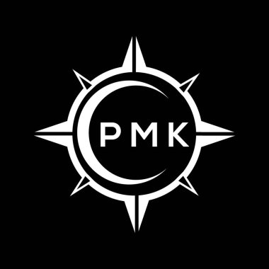 PMK soyut teknoloji çemberi logo tasarımını siyah arkaplan üzerine kuruyor. PMK yaratıcı harflerin baş harfleri logosu.
