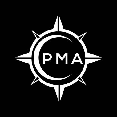 PMA soyut teknoloji çemberi logo tasarımını siyah arkaplan üzerine kuruyor. PMA yaratıcı harfler harfi logosu.