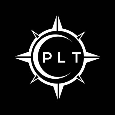 PLT soyut teknoloji çemberi logo tasarımını siyah arkaplan üzerine kuruyor. PLT yaratıcı harf logosu.