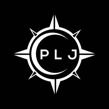 PLJ soyut teknoloji çemberi logo tasarımını siyah arkaplan üzerine kuruyor. PLJ yaratıcı harflerin baş harfleri logosu.