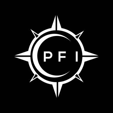 PFI soyut teknoloji çemberi logo tasarımını siyah arka plana ayarlıyor. PFI yaratıcı harflerin baş harfleri..
