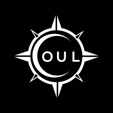 OUL soyut teknoloji çemberi logo tasarımını siyah arkaplan üzerine kuruyor. OUL yaratıcı harfler harfi logosu.