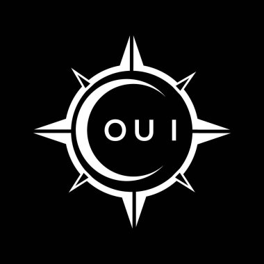 Kara zemin üzerine logo dizayn eden soyut teknoloji çemberi. OUI yaratıcı harfler harfi logosu.