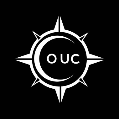 OUC soyut teknoloji çemberi logo tasarımını siyah arkaplan üzerine kuruyor. OUC yaratıcı harf logosu.