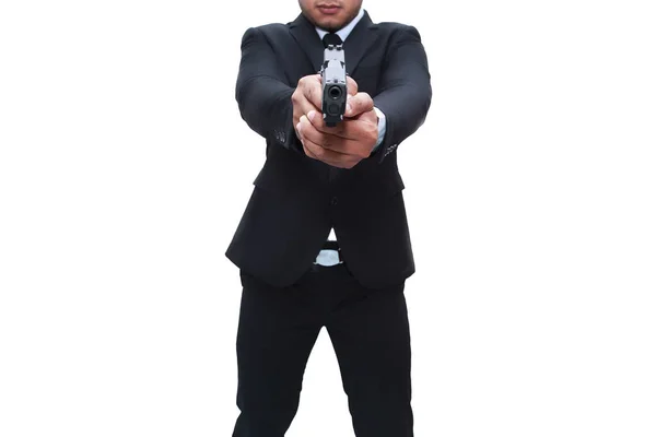 Muž Pistolí Černém Obleku Směle Ukazuje Míří Svůj Cíl Izolovaném — Stock fotografie