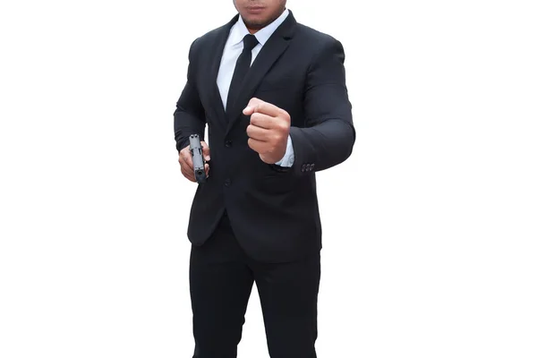 Gunman Black Suit Holds Pistol His Other Hand Cover Target — Stock Photo, Image