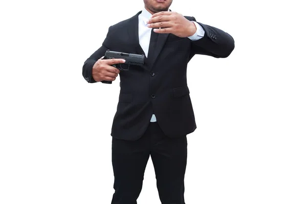 Střelec Černém Obleku Drží Druhou Rukou Pistoli Aby Zakryl Terč — Stock fotografie