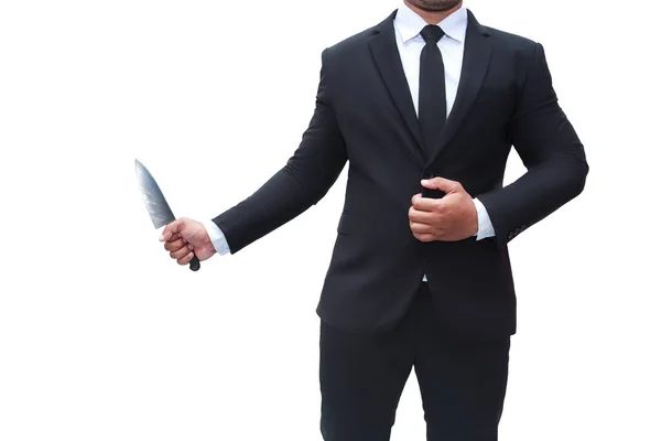 Businessman Wearing Black Suit Stands Knife White Background Isolated Businessman — Stock Photo, Image